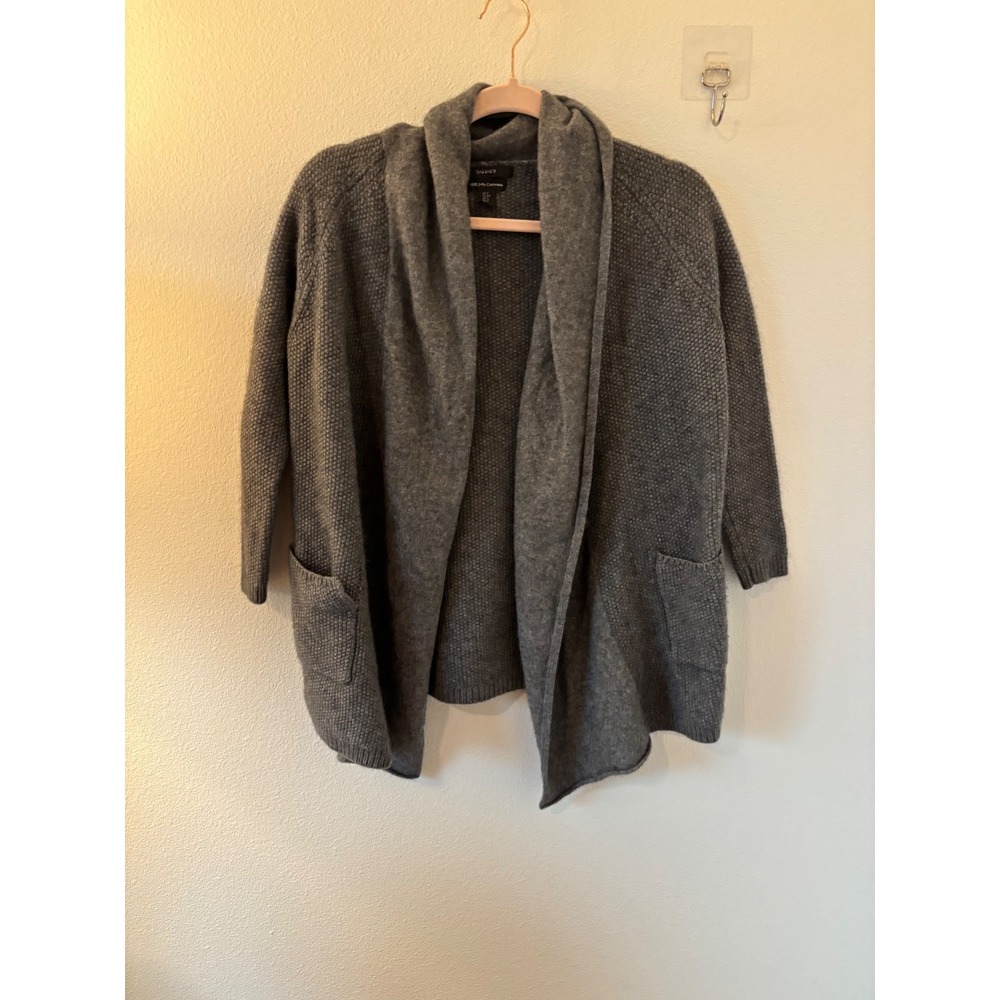 Tahari 100% 2-Ply Cashmere Open Front Cardigan Gray Shawl Collar Sweater Small